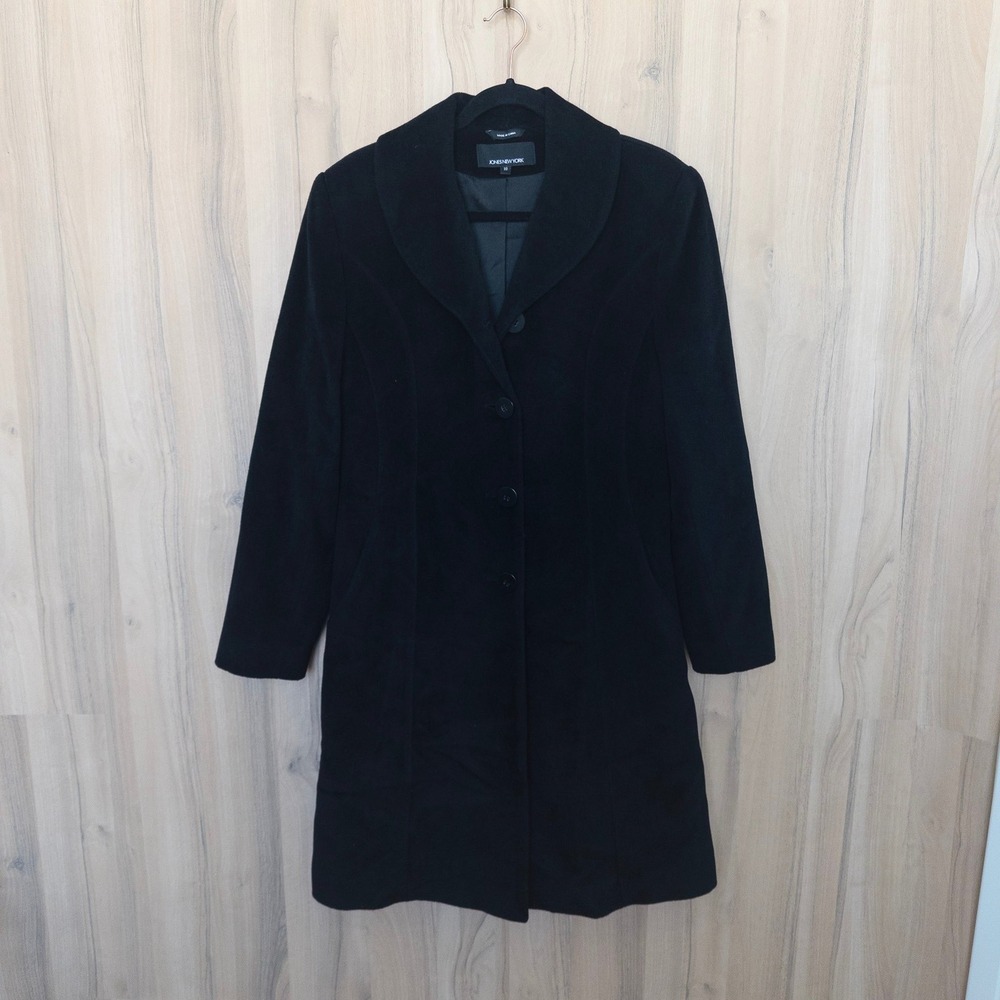 Jones New York Womens Trench Coat 10 Black Wool Angora Blend Classic Winter